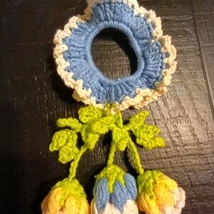 Floral Crochet Hair Scrunchie with Blue and Yellow Accents